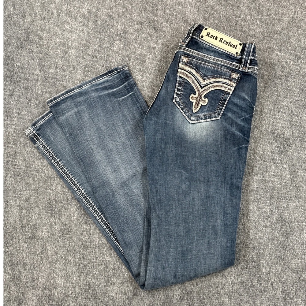 Rock Revival Plato Jeans Womens 28 Bootcut Blue Y2K Embellished RJ8562B3
